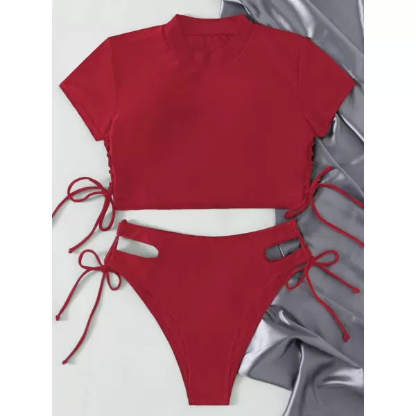 SweatyRocks Women's Short Sleeve Rash Guard Swimsuit Cut Out Tie Side 2 Piece Bathing Suit