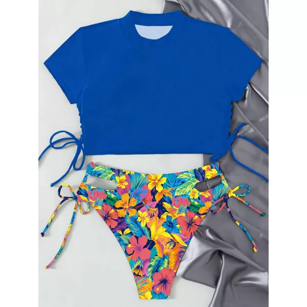 SweatyRocks Women's Short Sleeve Rash Guard Swimsuit Cut Out Tie Side 2 Piece Bathing Suit