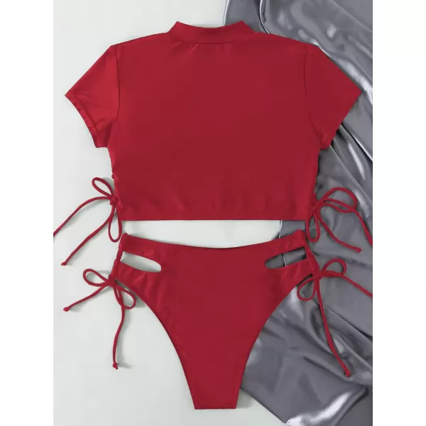 SweatyRocks Women's Short Sleeve Rash Guard Swimsuit Cut Out Tie Side 2 Piece Bathing Suit