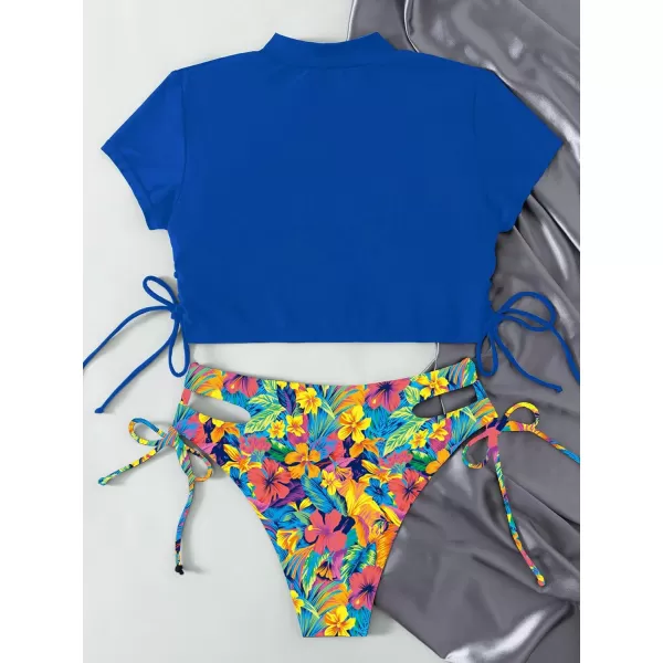 SweatyRocks Women's Short Sleeve Rash Guard Swimsuit Cut Out Tie Side 2 Piece Bathing Suit