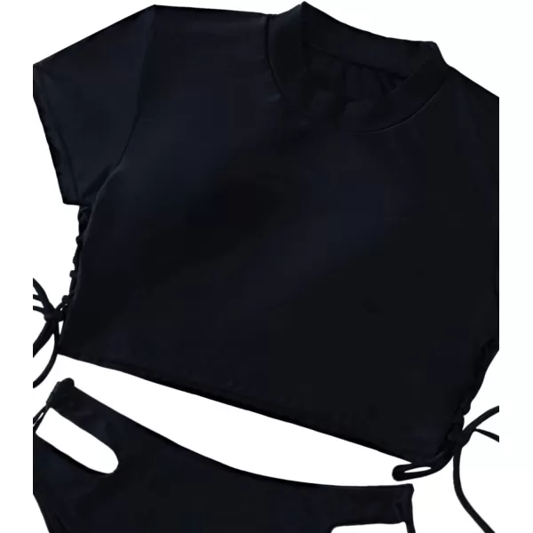 SweatyRocks Women's Short Sleeve Rash Guard Swimsuit Cut Out Tie Side 2 Piece Bathing Suit