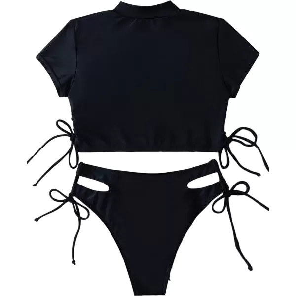 SweatyRocks Women's Short Sleeve Rash Guard Swimsuit Cut Out Tie Side 2 Piece Bathing Suit