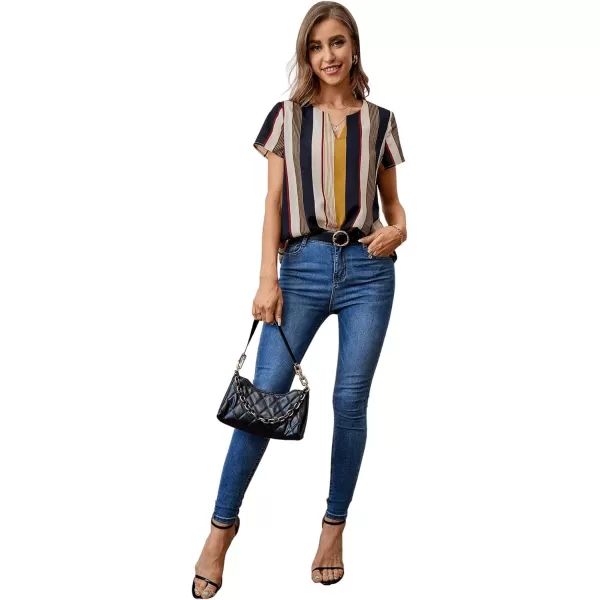 SweatyRocks Women's Short Sleeve Striped Printed Blouse Color Block Work Blouse Tee Top