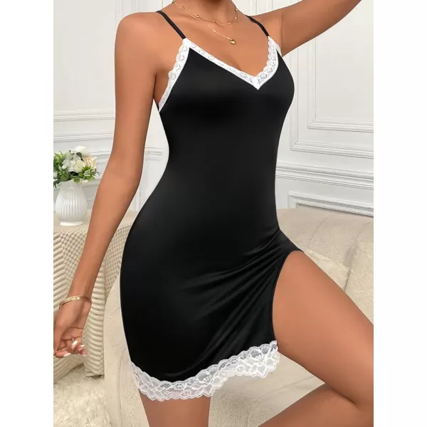 SweatyRocks Women's Sleeveless Lace Trim Nightgown Spaghetti Strap Cami Night Dress Sleepwear