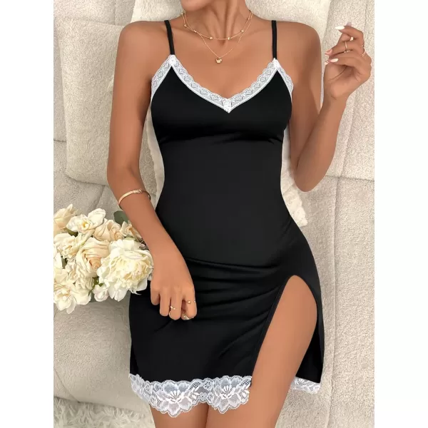 SweatyRocks Women's Sleeveless Lace Trim Nightgown Spaghetti Strap Cami Night Dress Sleepwear