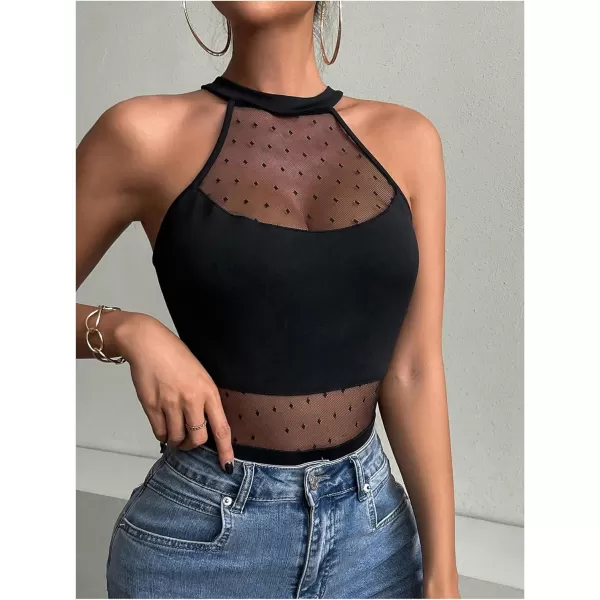 SweatyRocks Women's Sleeveless Scoop Neck High Cut Skinny Mesh Tank Top Bodysuit