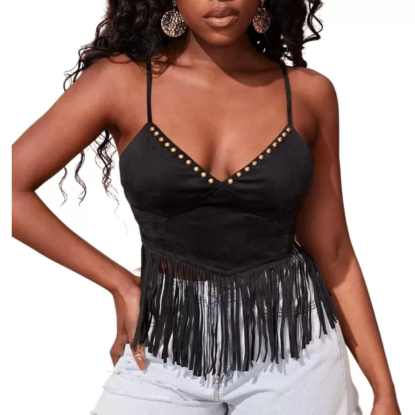 SweatyRocks Women's Sleeveless Tassel V Neck Cami Top Spaghetti Strap Beaded Crop Cami Tank Tops