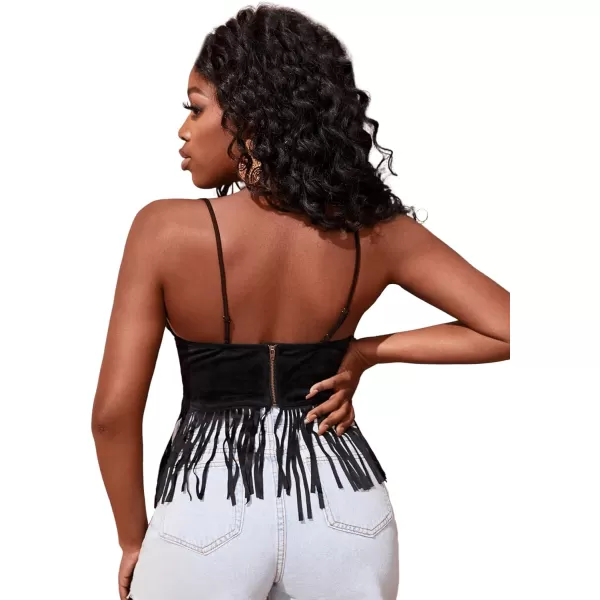 SweatyRocks Women's Sleeveless Tassel V Neck Cami Top Spaghetti Strap Beaded Crop Cami Tank Tops