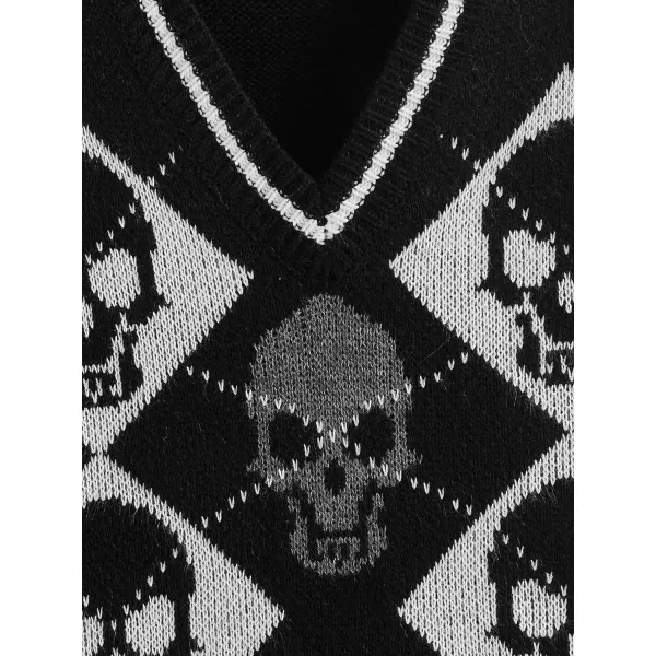 SweatyRocks Women's Sleeveless V Neck Knit Sweater Vest Skull Print Crop Tank Top