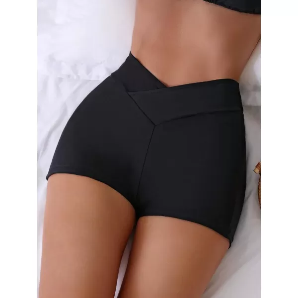 SweatyRocks Women's Solid High Waist Bikini Bottom Crossover High Cut Swimsuit Swim Shorts