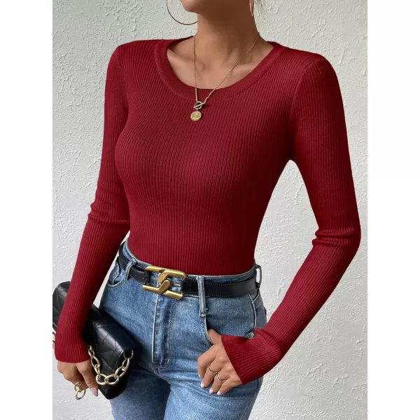 SweatyRocks Women's Solid Ribbed Knit Round Neck Sweater Long Sleeve Slim Fit Pullover Tops