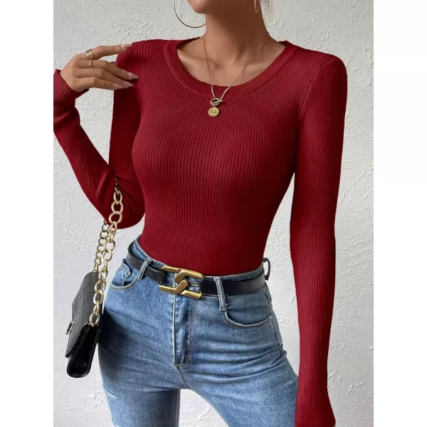 SweatyRocks Women's Solid Ribbed Knit Round Neck Sweater Long Sleeve Slim Fit Pullover Tops