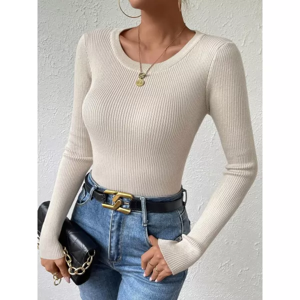SweatyRocks Women's Solid Ribbed Knit Round Neck Sweater Long Sleeve Slim Fit Pullover Tops