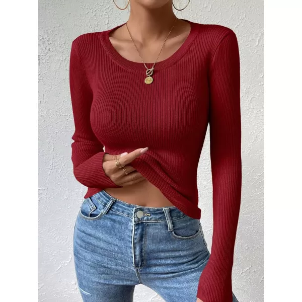 SweatyRocks Women's Solid Ribbed Knit Round Neck Sweater Long Sleeve Slim Fit Pullover Tops
