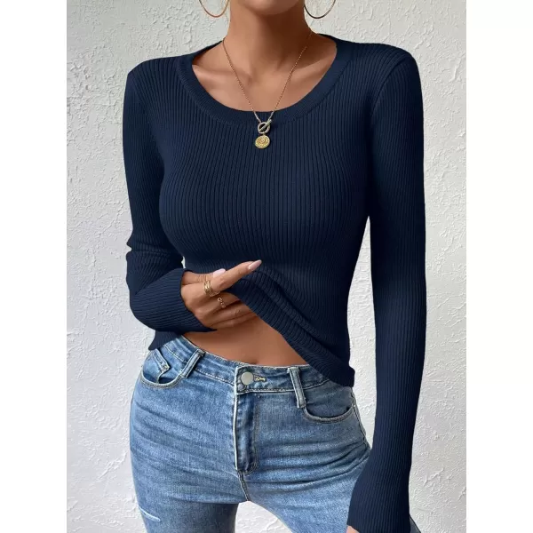 SweatyRocks Women's Solid Ribbed Knit Round Neck Sweater Long Sleeve Slim Fit Pullover Tops