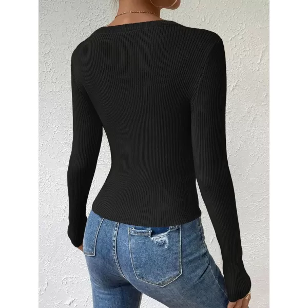 SweatyRocks Women's Solid Ribbed Knit Round Neck Sweater Long Sleeve Slim Fit Pullover Tops