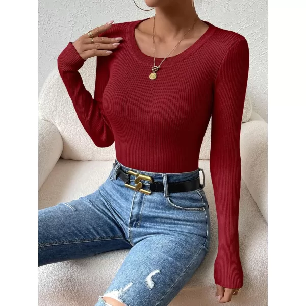 SweatyRocks Women's Solid Ribbed Knit Round Neck Sweater Long Sleeve Slim Fit Pullover Tops