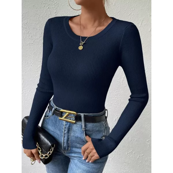 SweatyRocks Women's Solid Ribbed Knit Round Neck Sweater Long Sleeve Slim Fit Pullover Tops