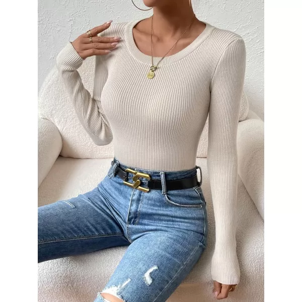 SweatyRocks Women's Solid Ribbed Knit Round Neck Sweater Long Sleeve Slim Fit Pullover Tops
