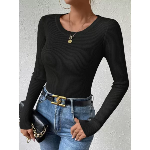 SweatyRocks Women's Solid Ribbed Knit Round Neck Sweater Long Sleeve Slim Fit Pullover Tops