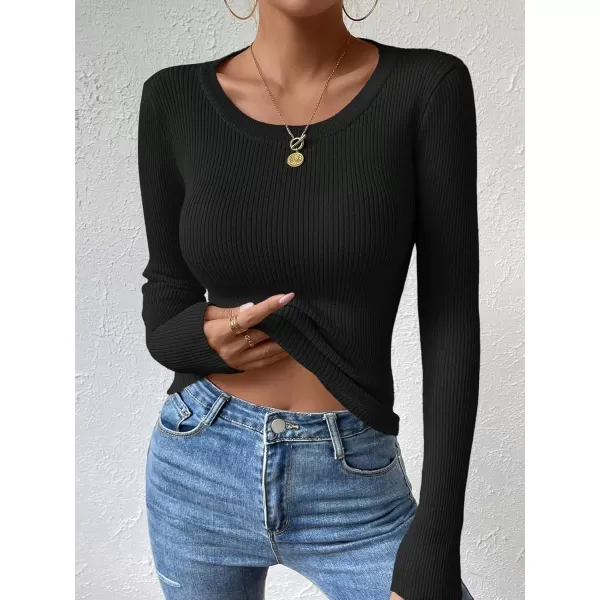 SweatyRocks Women's Solid Ribbed Knit Round Neck Sweater Long Sleeve Slim Fit Pullover Tops