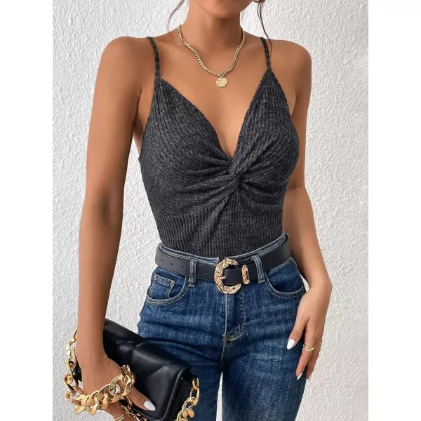 SweatyRocks Women's Solid Twist Front V Neck Cami Top Spaghetti Strap Ribbed Tank Top