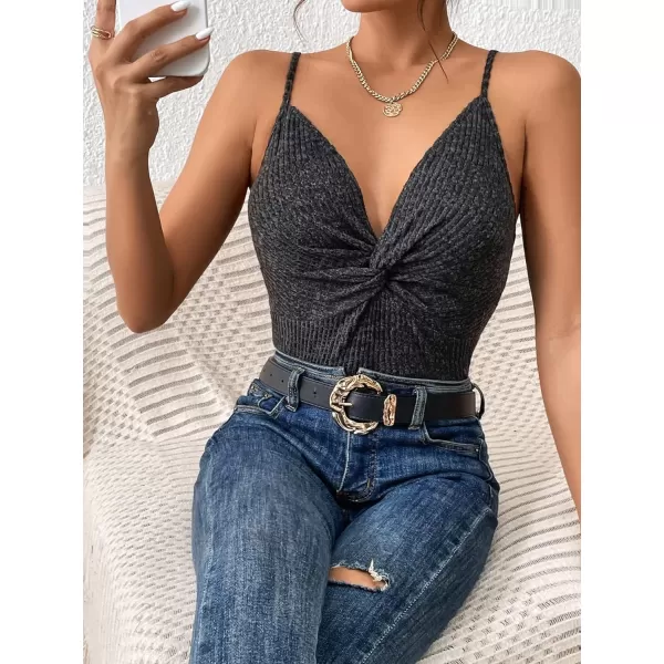 SweatyRocks Women's Solid Twist Front V Neck Cami Top Spaghetti Strap Ribbed Tank Top