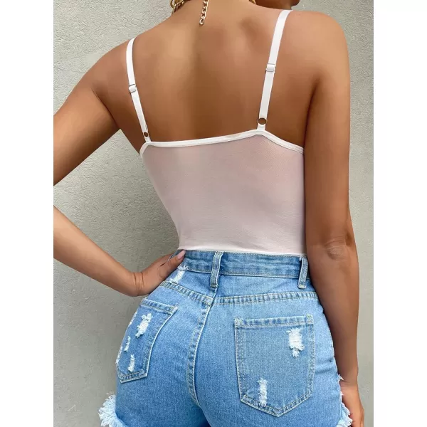 SweatyRocks Women's Spaghetti Strap V-Neck Contrast Floral Lace Cami Bodysuit Mesh Corset Top
