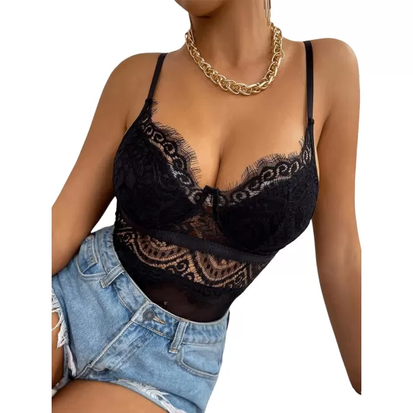 SweatyRocks Women's Spaghetti Strap V-Neck Contrast Floral Lace Cami Bodysuit Mesh Corset Top