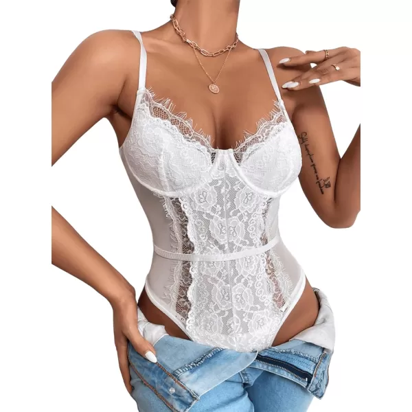 SweatyRocks Women's Spaghetti Strap V-Neck Contrast Floral Lace Cami Bodysuit Mesh Corset Top