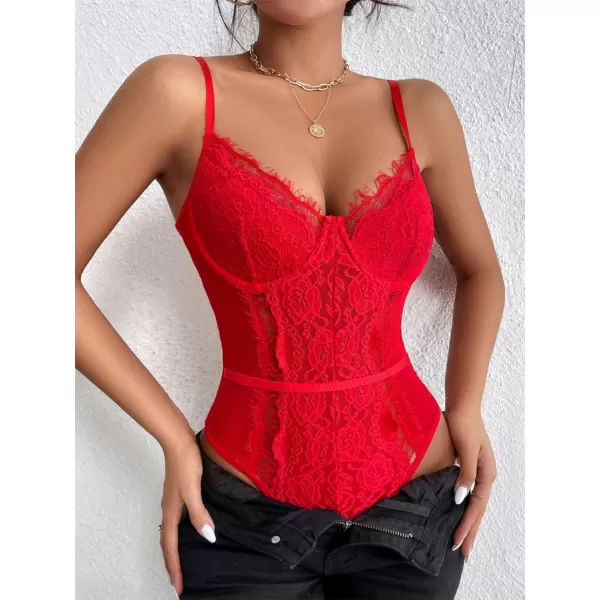 SweatyRocks Women's Spaghetti Strap V-Neck Contrast Floral Lace Cami Bodysuit Mesh Corset Top