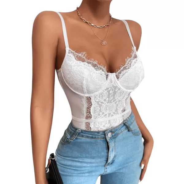 SweatyRocks Women's Spaghetti Strap V-Neck Contrast Floral Lace Cami Bodysuit Mesh Corset Top
