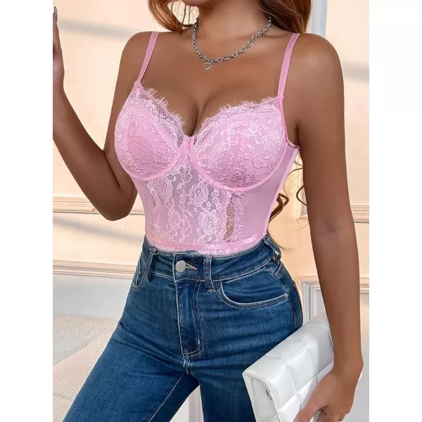 SweatyRocks Women's Spaghetti Strap V-Neck Contrast Floral Lace Cami Bodysuit Mesh Corset Top