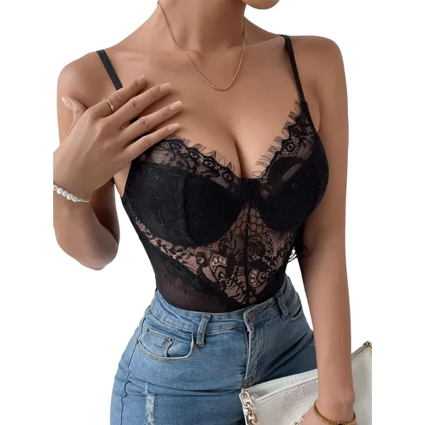 SweatyRocks Women's Spaghetti Strap V-Neck Contrast Floral Lace Cami Bodysuit Mesh Corset Top