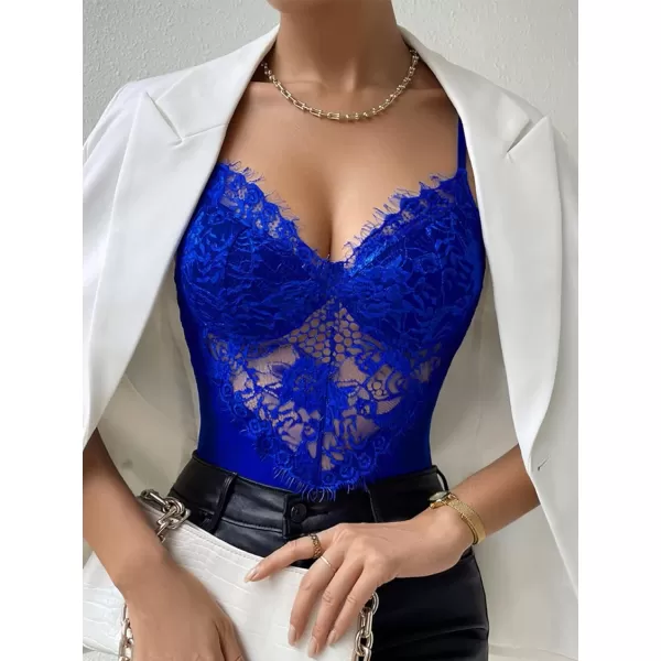 SweatyRocks Women's Spaghetti Strap V-Neck Contrast Floral Lace Cami Bodysuit Mesh Corset Top