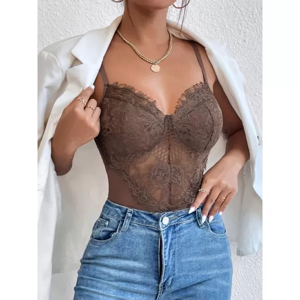 SweatyRocks Women's Spaghetti Strap V-Neck Contrast Floral Lace Cami Bodysuit Mesh Corset Top