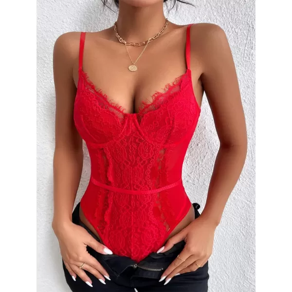 SweatyRocks Women's Spaghetti Strap V-Neck Contrast Floral Lace Cami Bodysuit Mesh Corset Top