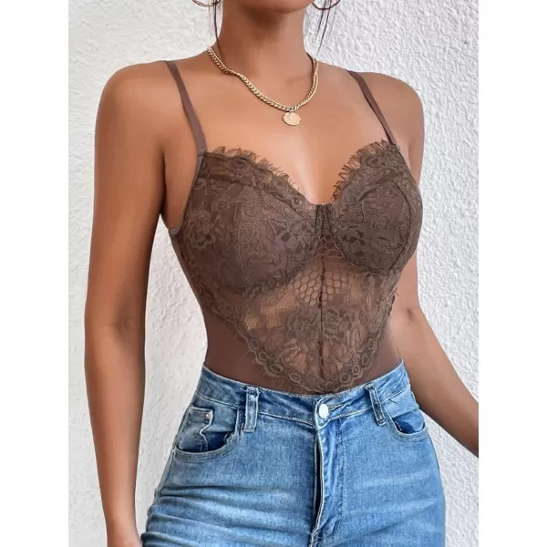 SweatyRocks Women's Spaghetti Strap V-Neck Contrast Floral Lace Cami Bodysuit Mesh Corset Top