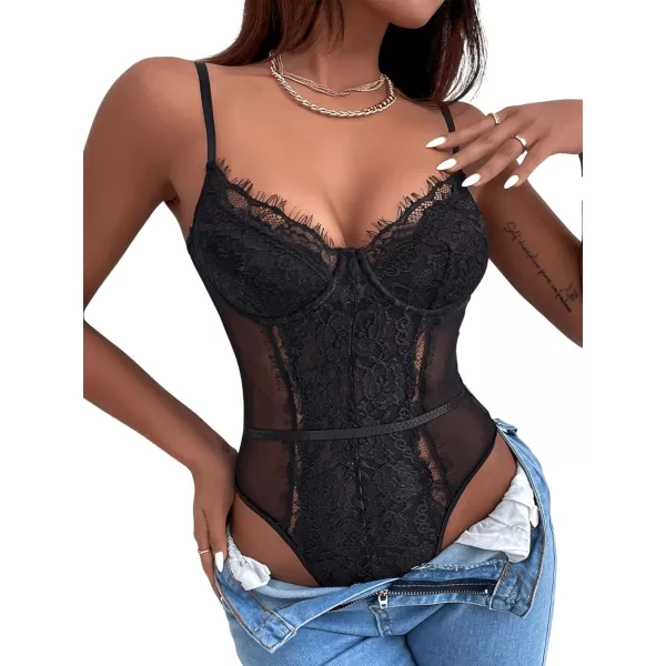 SweatyRocks Women's Spaghetti Strap V-Neck Contrast Floral Lace Cami Bodysuit Mesh Corset Top