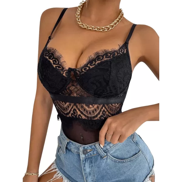 SweatyRocks Women's Spaghetti Strap V-Neck Contrast Floral Lace Cami Bodysuit Mesh Corset Top