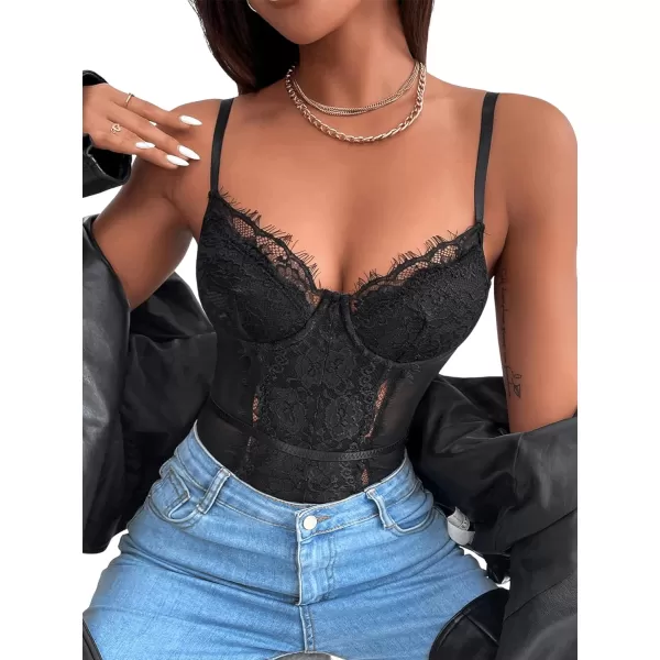 SweatyRocks Women's Spaghetti Strap V-Neck Contrast Floral Lace Cami Bodysuit Mesh Corset Top