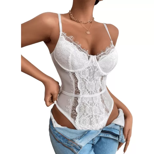 SweatyRocks Women's Spaghetti Strap V-Neck Contrast Floral Lace Cami Bodysuit Mesh Corset Top