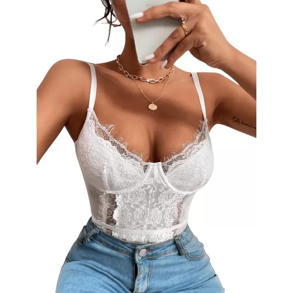 SweatyRocks Women's Spaghetti Strap V-Neck Contrast Floral Lace Cami Bodysuit Mesh Corset Top