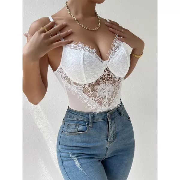 SweatyRocks Women's Spaghetti Strap V-Neck Contrast Floral Lace Cami Bodysuit Mesh Corset Top