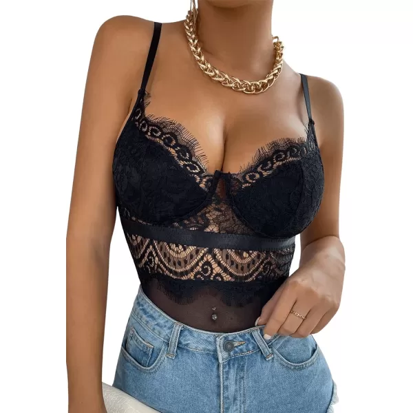 SweatyRocks Women's Spaghetti Strap V-Neck Contrast Floral Lace Cami Bodysuit Mesh Corset Top