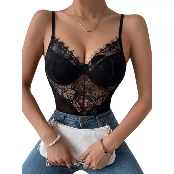 SweatyRocks Women's Spaghetti Strap V-Neck Contrast Floral Lace Cami Bodysuit Mesh Corset Top