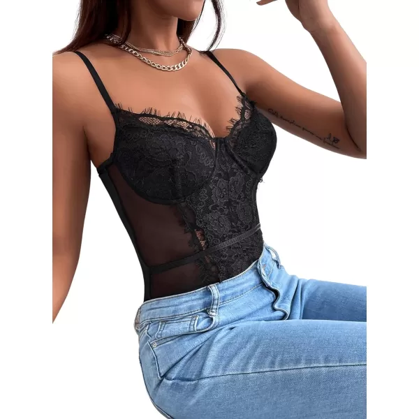 SweatyRocks Women's Spaghetti Strap V-Neck Contrast Floral Lace Cami Bodysuit Mesh Corset Top