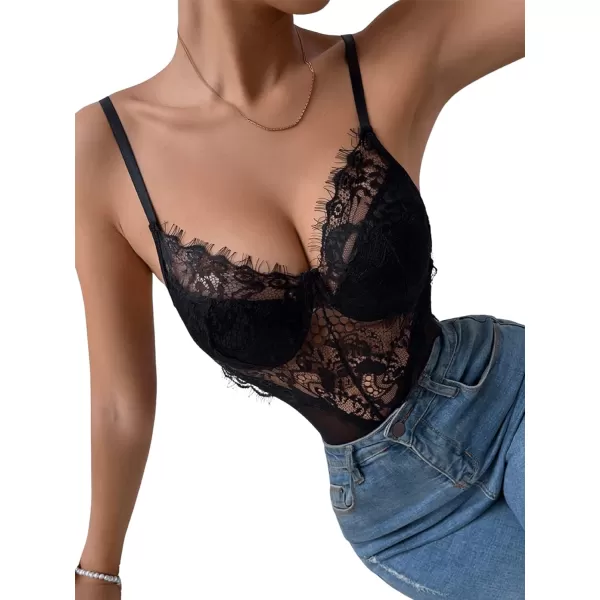 SweatyRocks Women's Spaghetti Strap V-Neck Contrast Floral Lace Cami Bodysuit Mesh Corset Top