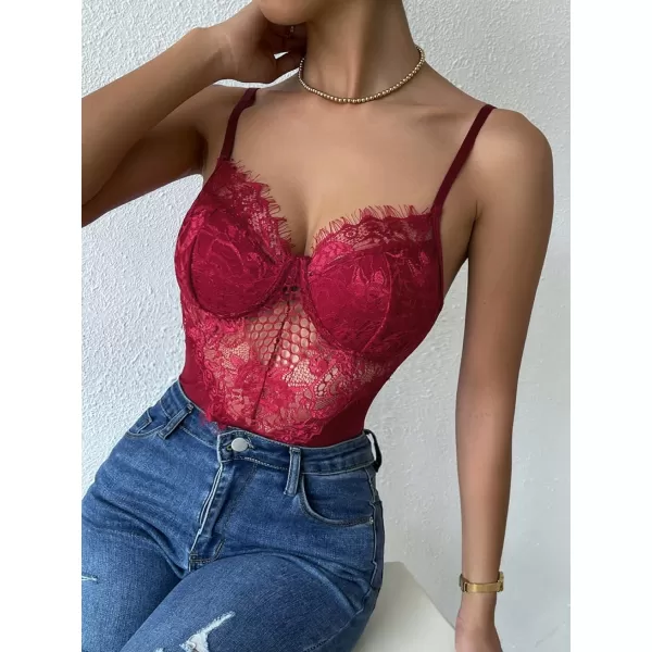 SweatyRocks Women's Spaghetti Strap V-Neck Contrast Floral Lace Cami Bodysuit Mesh Corset Top