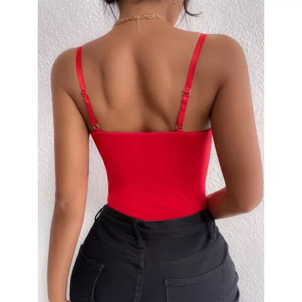 SweatyRocks Women's Spaghetti Strap V-Neck Contrast Floral Lace Cami Bodysuit Mesh Corset Top